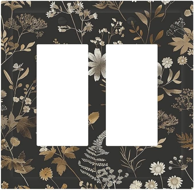 Decorative Outlet Covers Black Gold Floral Dark Leaves Vintage Flowers 2 Gang Double GFCI Rocker Electrical Wall Panels Light Switch Cover Plate for Bed Room Home Decor
