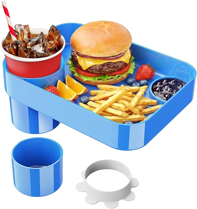 Car Seat Cup Holder Snack Tray for Kids, Reduces Mess, Detachable Large Base & Adjustable Ring, Carseat Tray for Toddler, Car Seat Food Tray Eating Table for Kids Travel Road Trip -Blue