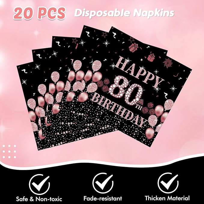 41Pcs 80th Birthday Decorations for Women, Vintage 80 Birthday Black and Rose Gold Disposable Paper Plates and Napkins Party Supplies for 20 Guests, 41Pcs Include 7" Plates Napkins and Tablecloth