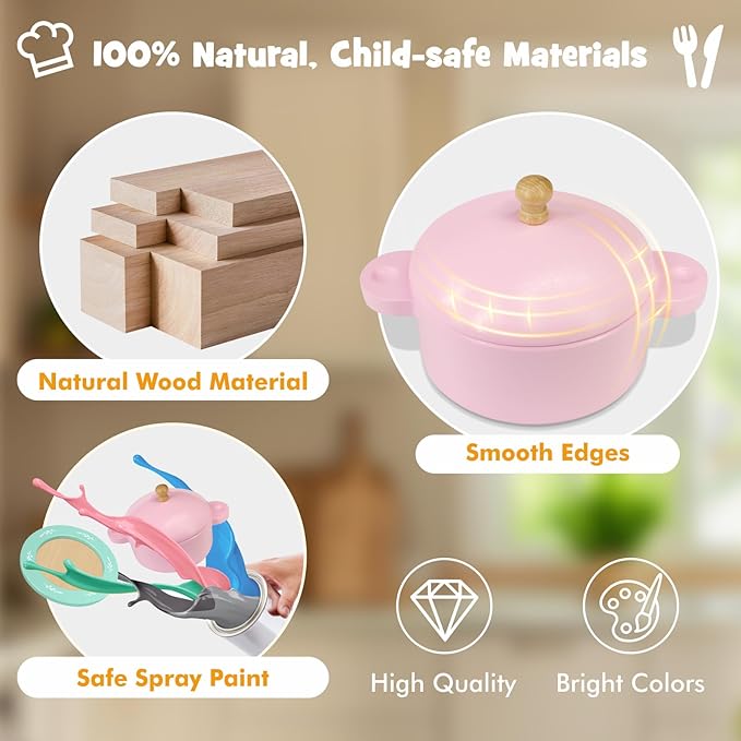 SimpliPlay Wooden Toy Plates and Dishes for Kitchen Set, 30PCS Montessori Play Kitchen Accessories for Toddlers with Toy Pots and Pans, Wooden Play Cooking Set for 3-8 Years Girls & Boys