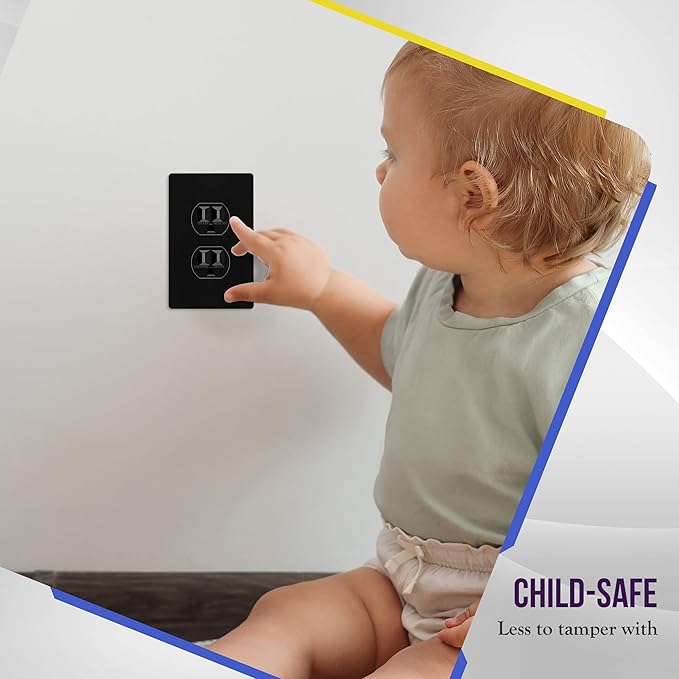 ENERLITES Screwless Duplex Wall Plate, Child Safe Receptacle Outlet Cover, Standard Size, 1-Gang 4.68" x 2.93", Unbreakable Polycarbonate Thermoplastic, UL Listed, SI8821-BK-5PCS, Black, 5 Pack