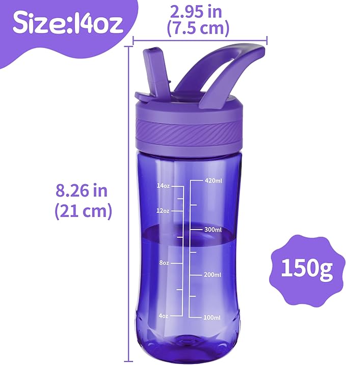 Kids Water Bottle, Dustproof Leakproof Cover, BPA Free Tritan Water Bottle Kids With Volume Markings Drinking 14oz Clear Water Bottle Unique Cat Paw Print Bottom Toddlers, School, Outdoor（Dark Purple）