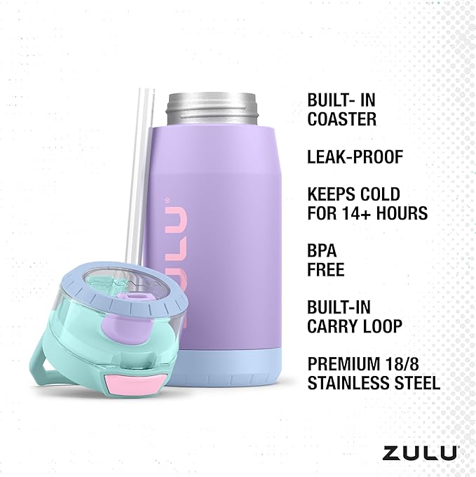 ZULU Kids Flex 12oz Stainless Steel Insulated Water Bottle, Toddler Cup with Silicone Spout, Leak-Proof Locking Flip Lid and Carry Loop for School Backpack, Lunchbox, and Outdoor Sports, Sugar Fairy