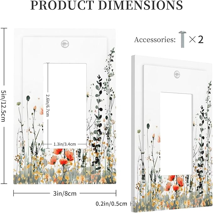 Vintage Country Style Watercolor Leaves Wildflowers Floral Decorative Outlet Covers 1 Gang Single Rocker Light Switch Cover Plate Wall Plates GFCI Faceplate for Bedroom Living Room Decor