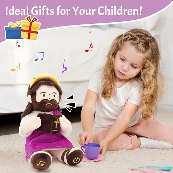 Yelakey Jesus Plush Talking Doll with Halo,Speak 20 Bible Verses & 20 Songs,13.4" Interactive Hymn Stuffed Plushie Perfect Religious Gift for Kids Sunday School & Easter Celebrations(Purple)