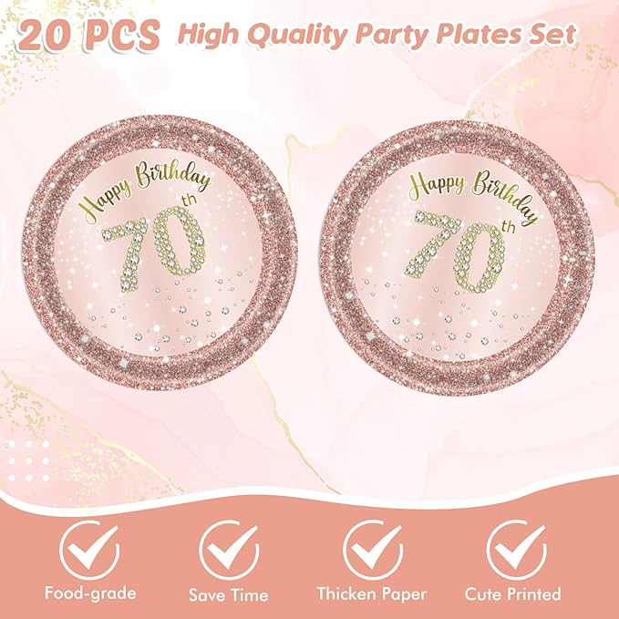 Ryzovo 41Pcs 70th Birthday Decorations, Rose Gold Birthday Party Supplies Include 20Pcs Plates 20Pcs Napkins and 1Piece Tablecloth, Sweet Seventy Year Old Birth Party Tableware for Girl Ladies Women