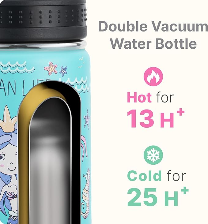 16 oz Water Bottle for Kids -Stainless Steel Double Wall Vacuum Insulated Water Bottle for Girls-Leak Proof, BPA Free-Mermaid