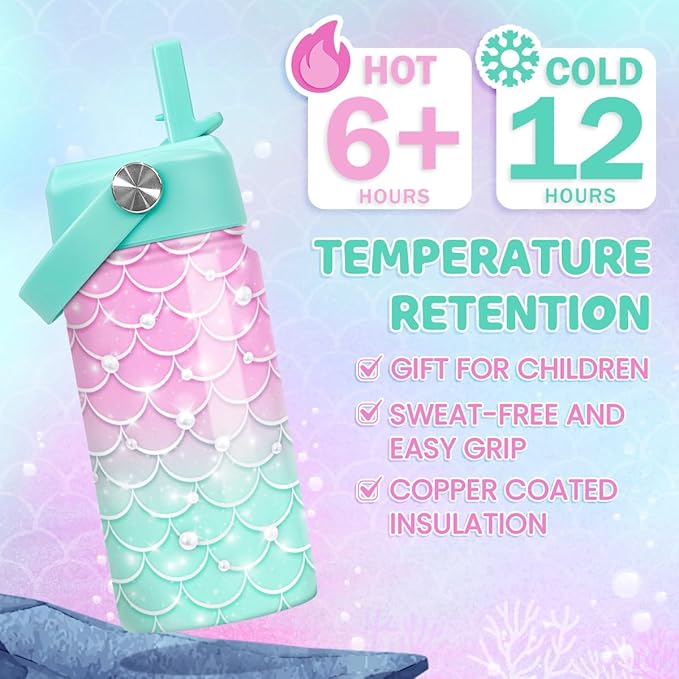 Mermaid Water Bottle - Kids Water Bottle with Straw Lid - 12 Oz Insulated Stainless Steel Water Bottles for Kid Girl - Travel Cup for School Sports