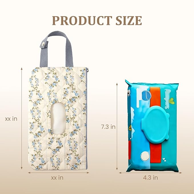 Quilted Baby Diaper and Wipes Pouch Portable Mommy Bag for Stroller Reusable Wipes Pouch with Lanyard for Casual Travel (Blue Flower)