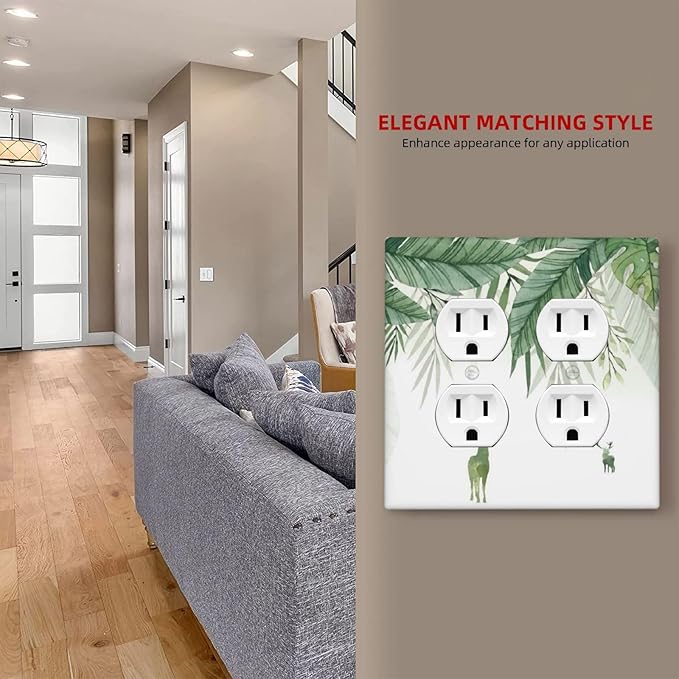 Deer Banana Leaves Palm Trees Green Plants Outlet Covers 2 Gang Double Duplex Decorative Light Switch Covers Electrical Wallplates Socket Faceplate for Bed Room Living Room Decor