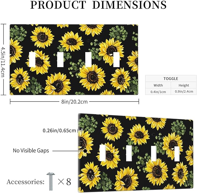Light Switch Covers Floral Sunflower Plants Flowers Quad Toggle Electrical Faceplate 4 Gang Wall Plate Decorative Switch Plates For Bed Room Farmhouse Decor