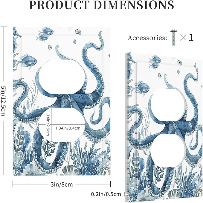 Blue Octopus Squid Seahorse Coral Watercolor Wild Sealife Outlet Covers 1 Gang Duplex Light Switch Cover Decorative Switch Plates Electrical Receptacle Faceplate Wall Plate for Bathroom Kids Room