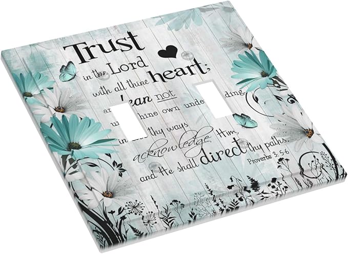 Rustic Teal Daisy Bible Verse Wooden Inspirational Quote Decorative Switch Plates 2 Gang Double Toggle Outlet Light Switch Cover Wall Plate Electrical Faceplate for Bedroom Living Room Decor
