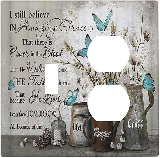 Light Switch Cover Blue Butterfly Rustic Flower Inspirational Quotes 2 Gang Outlet Cover 1 Toggle Duplex Decorative Switch Plates Wall Plate Electrical Receptacle Faceplate for Bathroom Cabin