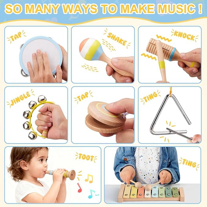 Baby Musical Instruments Set Montessori Wooden Music Toys for Toddlers 3 4 5 Neutral Color Percussion Music Kit with Drum, Xylophone,Storage Bag, Birthday Preschool Learning Gift for Boys Girls