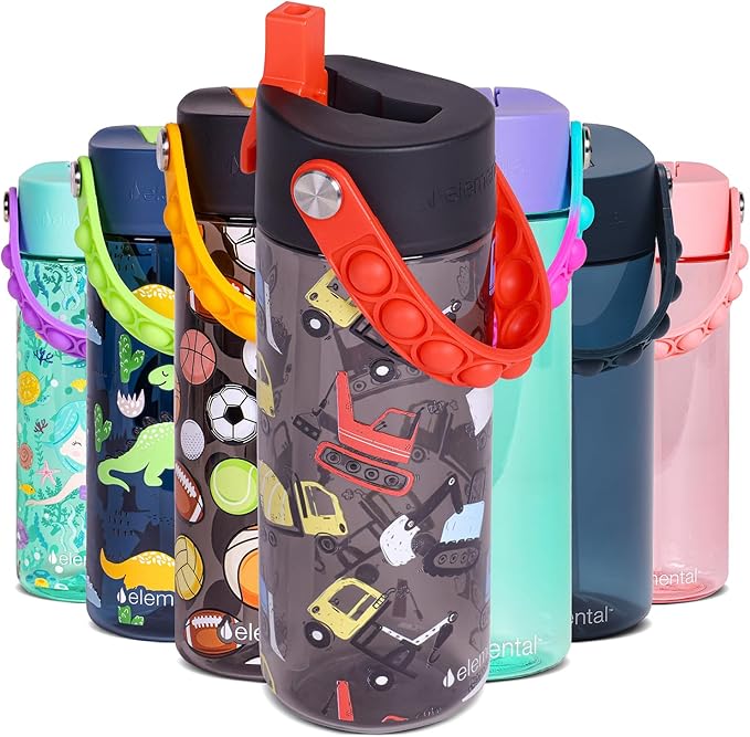Elemental Water Bottles for Kids - Splash Kids Water Bottle for School with Pop-it Handle - BPA Free Tritan Plastic Water Bottle with Straw Leak Proof when Spout is Closed - Construction - 18oz
