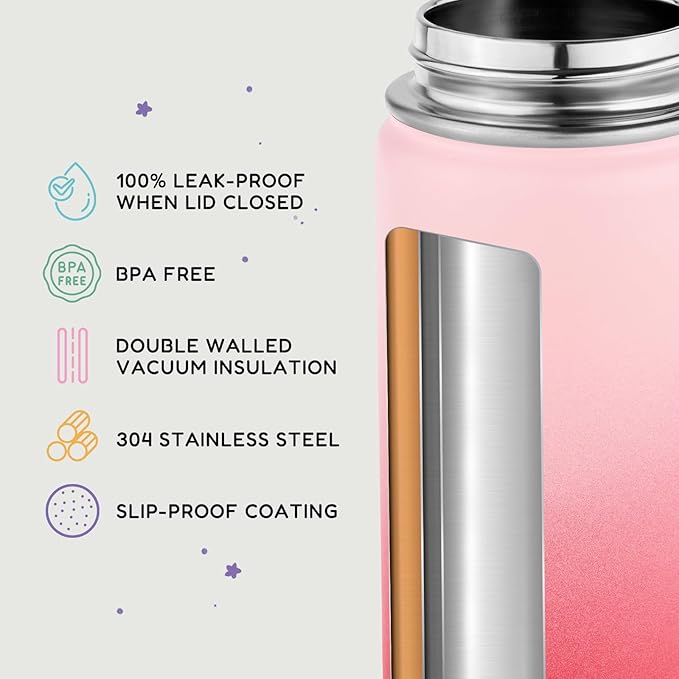Fijinhom 12oz Water Bottle for School, Bottles with Straws, Stainless Steel Vacuum Insulated Water Bottle, Leak-Proof, BPA-Free, Cherry + Lavender