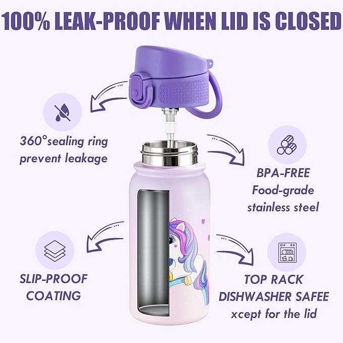 OLDLEY 12oz Kids Water Bottle, Stainless Steel Insulated Water Bottle For Kids, With Straws Leak-proof, Kids Water Bottles For School Boys Girls,Magic Unicorns