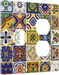 Talavera Kitchen Mexican Tile Combination 1-Toggle 1-Duplex Receptacle 2 Gang Wall Plate, Yellow/Blue Moroccan Mexico Mosaic 2 Gang Combo Single Toggle/Light Switch One Duplex Outlet Faceplate Cover