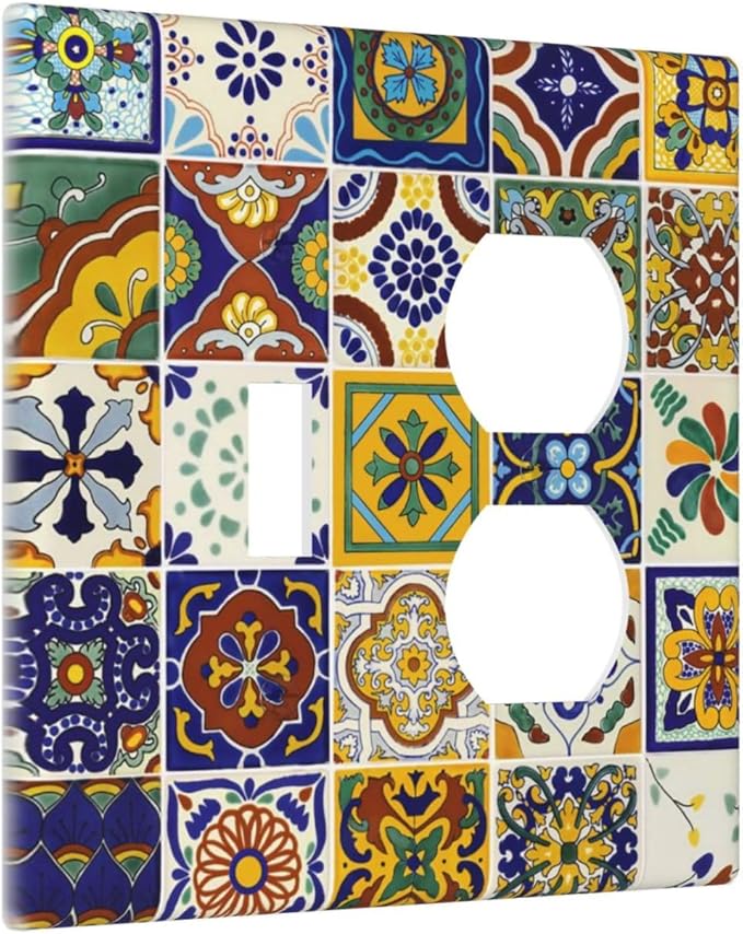 Talavera Kitchen Mexican Tile Combination 1-Toggle 1-Duplex Receptacle 2 Gang Wall Plate, Yellow/Blue Moroccan Mexico Mosaic 2 Gang Combo Single Toggle/Light Switch One Duplex Outlet Faceplate Cover