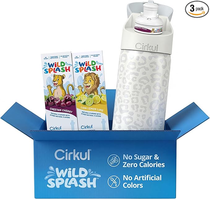 Cirkul 16oz Luxe Leopard StrawSip Flip Stainless Steel Water Bottle - Double Walled Vacuum Insulated Bottle For Kids and Teens with Flavor Cartridge Included, No Sugar, Zero Calories (Caffeine Free)
