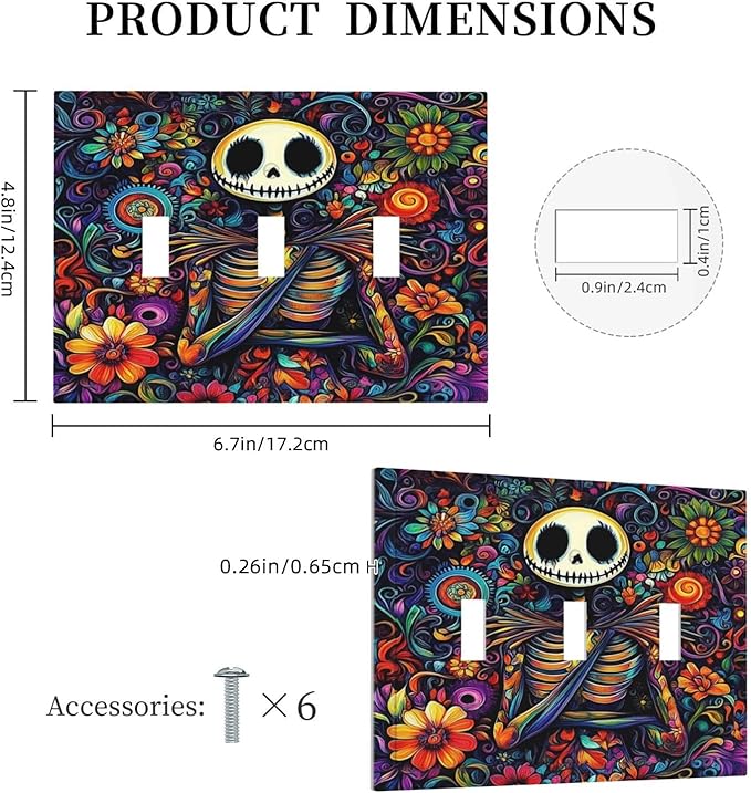 Decorative Switch Plates Colorful Flowers Abstract Skull 3 Gang Wall Plate Triple Toggle Light Switch Cover Faceplate Electrical Wall Panels For Home Living Room Decor