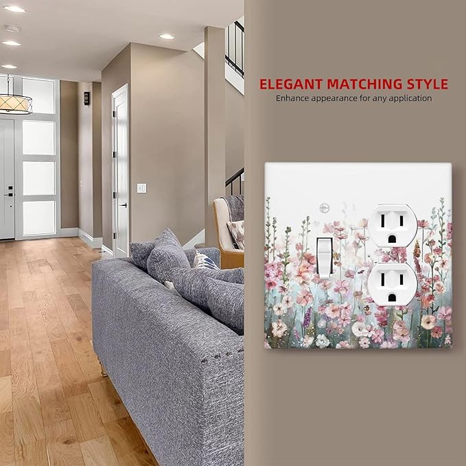 Colorful Flowers Pink Floral Watercolor Plant Wallplates 1 Toggle 1 Duplex Switch Plate Electrical GFCI Faceplate Decorative Light Switch Covers for Bed Room Living Room Decor
