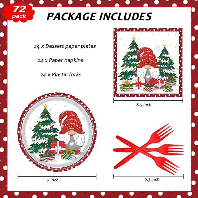 72Pcs Christmas Gnomes Plates and Napkins, Xmas Tree Paper Plates Santa Claus Party Supplies Disposable, Merry Christmas Themed Dessert Tableware Set for Xmas Holiday Winter Party Table Decorations