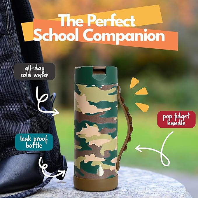 Elemental Iconic Kids Water Bottle for School - 100% Leak-Proof Insulated Water Bottles with Straw Lid & Pop-It Handle for Boys & Girls - Triple-Wall Insulated & BPA-Free, 14oz – Green Camo