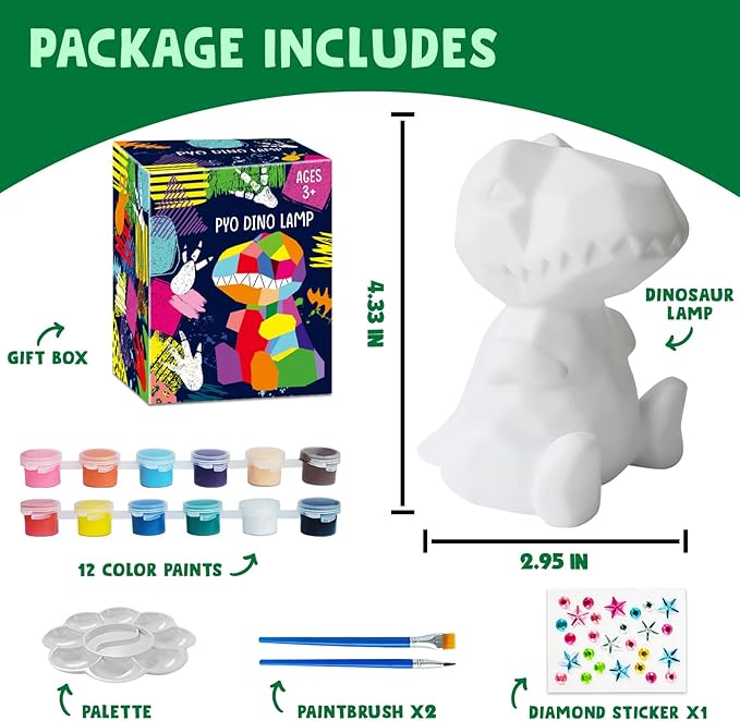 Goody King Paint Your Own Dinosaur Lamp Kit, DIY Night Light, Arts & Crafts for Teens Girls Boys, Painting Kit for Kids Age 8-12, Room Decorations, Dinosaur Birthday Gifts for Kids Ages 3 4 5 6 7 8+