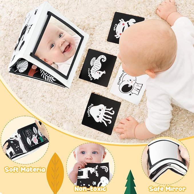 URMYWO Tummy Time Mirror Toys, Visual Stimulation Learning Cards, High Contrast Black and White Baby Toys for Newborn, Soft Baby Book for Infant 0-12 Months, Baby Boy Girl Shower Gift