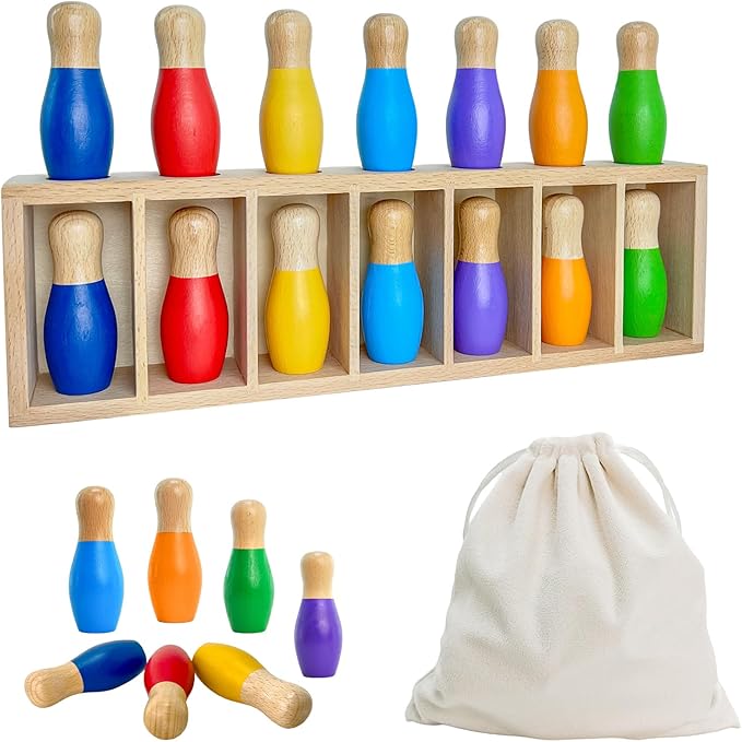 pamexin Family Games for Kids, Wooden Bowling Color Matching Game with 7 Bright Pins and Storage Bag, Family Board Games Party Birthday Gift, Fun Party Game for Boys Girls
