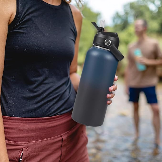 Fijinhom 32oz Insulated Stainless Steel Water Bottle, Wide Mouth Double Wall Vacuum, Silicone Straw, Sweat & Leak Proof, BPA Free Insulated Water Flask for Travel, Keep Cold 24h Hot 12h, Blue