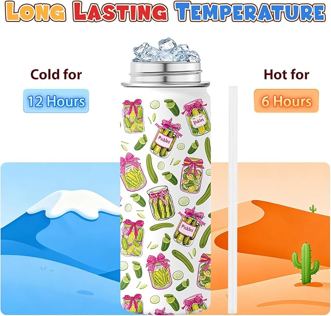 Pickle Gifts for Women - 18 oz Water Bottle with Straw Lid, Stainless Steel Insulated Bottle, Leak Proof, BPA - Free, Cute Pickle Jar Sport Bottles for Travel, Gift Cup for Girl(1pc)
