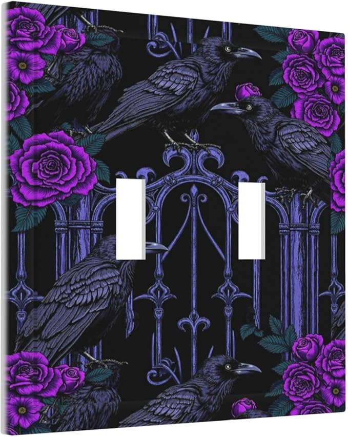 Decorative Switch Plates Gothic Style Crow Purple Flowers 2 Gang Double Toggle Wall Plate Outlet Light Switch Cover Electrical Faceplate for Bedroom living Room Decor