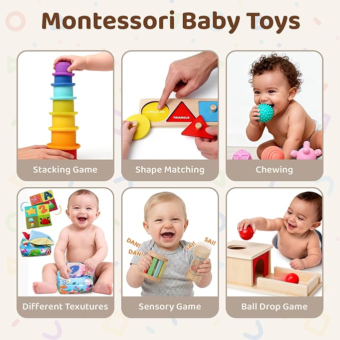Montessori Toys for Babies 6-12 Months,1 Year Old,8 in 1 Baby Sensory Toy for 12-18 Months Toddler,Wooden Educational Development Toys with Soft Stacking Cup&Sensory Ball&Tissue Box