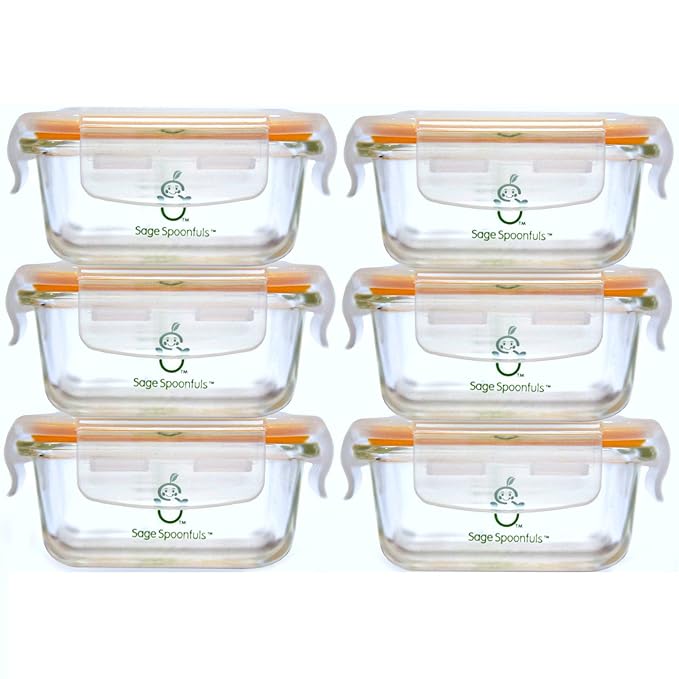 Sage Spoonfuls Borosilicate Glass Baby Food Containers with Lids - Durable and Airtight - Dishwasher, Oven, Microwave, & Fridge Safe - 24 Fl Oz, Pack of 6 - Clear