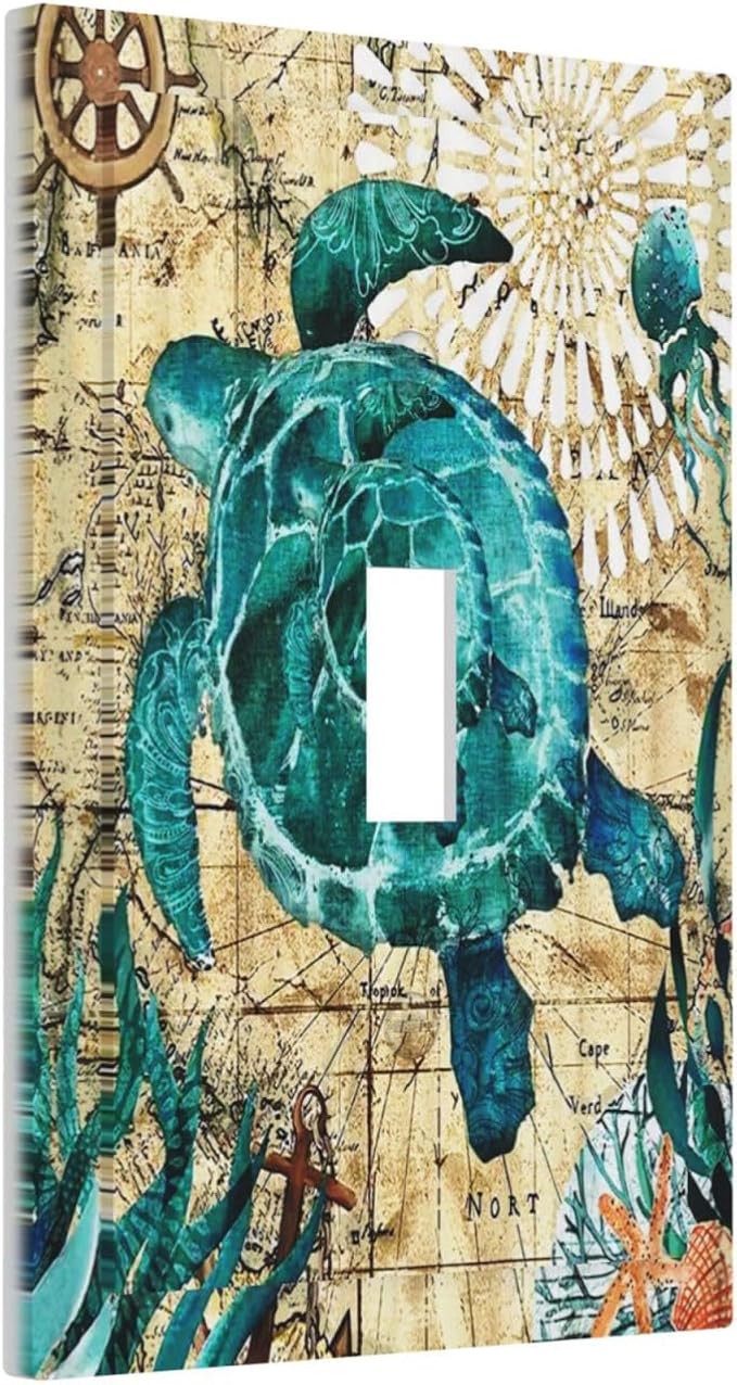 Decorative 1 Gang Single Toggle Light Switch Wall Plate Cover Nautical Ocean Beach Turquoise Teal Sea Turtle World Map Tortoise Mid Size Device Electrical Outlet Cover Receptacle Plug Face Plate