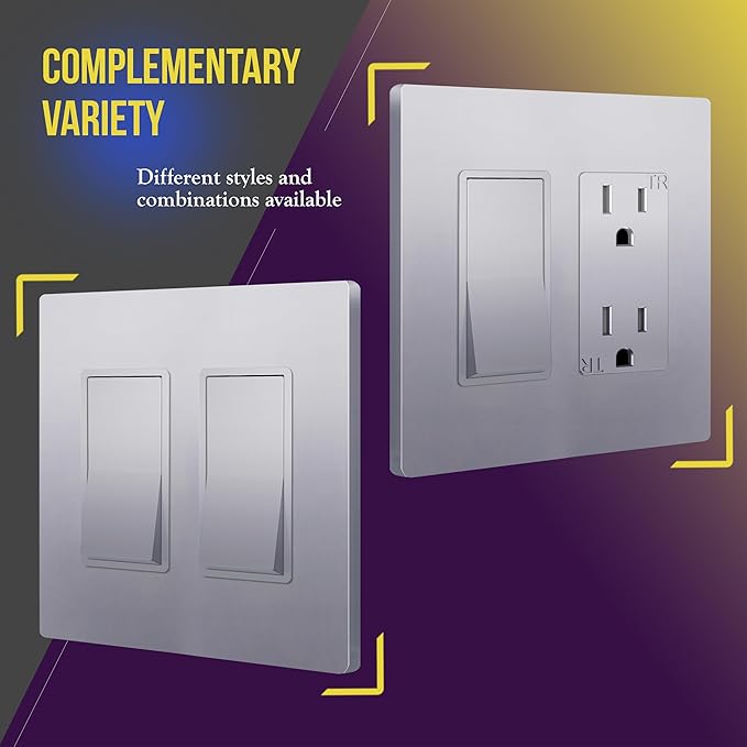 ENERLITES Elite Series Screwless Decorator Wall Plate Child Safe Outlet Cover, Gloss Finish, Size 2-Gang 4.68" H x 4.73" L, Unbreakable Polycarbonate Thermoplastic, SI8832-SV, Silver