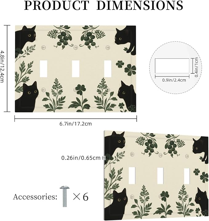 Decorative Light Switch Cover Plate Funny Black Cat Green Leaf 3 Gang Wall Plates for Electrical Outlets Triple Toggle Switch Plate Covers Outlet Covers Faceplate for Bedroom Home Decor