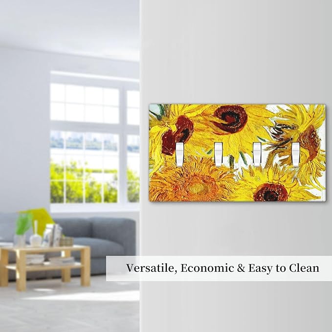Rustic Sunflower Oil Painting Vintage Flowers Light Switch Covers Quad Toggle Electrical Faceplate 4 Gang Wall Plate Decorative Switch Plates for Bed Room Living Room Decor