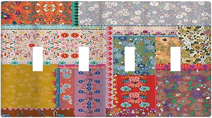 Light Switch Cover Boho Patchwork Bohemian Stitching Colorful Floral 4 Gang Switch Plate Quad Toggle Wall Plates Decorative Switchplate Electrical Outlet Cover Plates for Bathroom Home Decor
