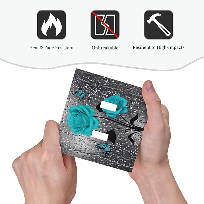 Aqua Turquoise Teal Blue Gray Rose Flower Floral Decorative Double Toggle Wall Plate Outlet Light Switch Cover 2-Gang Valentine's Day Romantic Pretty Butterfly Woman Electrical Receptacle Jumbo Size