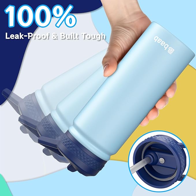 baab 18oz Kids Water Bottle, Insulated Water Bottle with Straw & Stickers, 18/8 Stainless Steel Vacuum Leakproof Kids Water Straw Cup for School, Perfect for Boy Girl (Light Blue+Pink, 2 Pack)