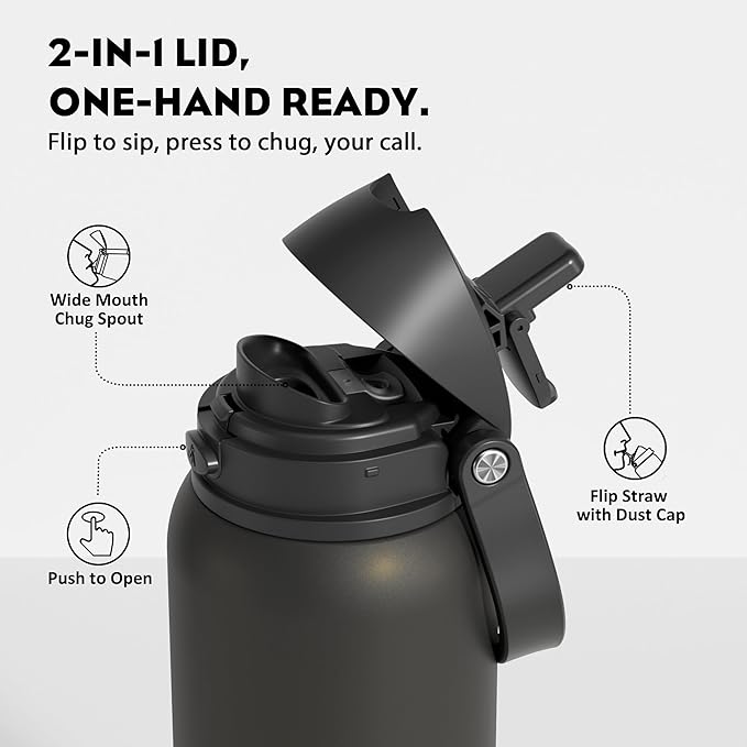 POWCAN 40 oz Insulated Water Bottle: 2-in-1 Push-Button Spout & Quick-Flip Straw Lid, Leakproof, Keep Cold 24Hrs, BPA-Free, Stainless Steel Water Bottle for Sports, School, Travel, Gym, Gift (King)