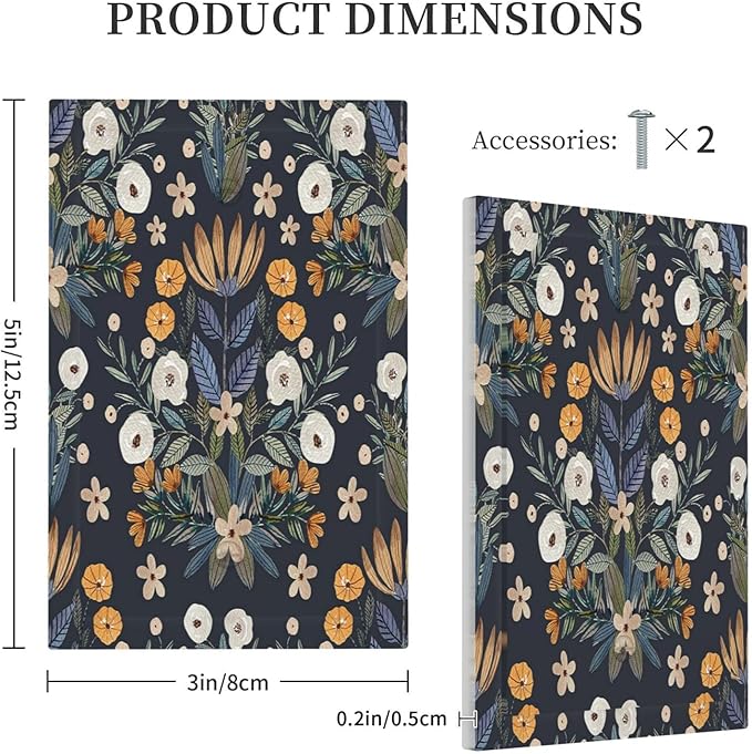 Boho Leaf Floral Navy Blue Background 1 Gang Light Switch Covers No Device Wall Plate Decorative Blank Switchplate Electrical Faceplate for Farmhouse Country Livingroom Bedroom Decor