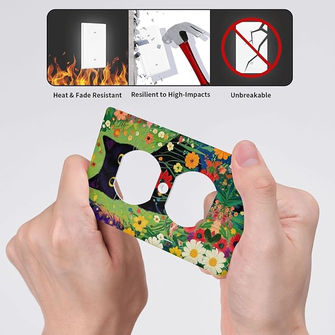 Decorative Art Light Switch Covers Cute Cat & Floral 1 Gang Single Duplex Outlet Wall Plate Switchplate Electrical Faceplate for Home Decor