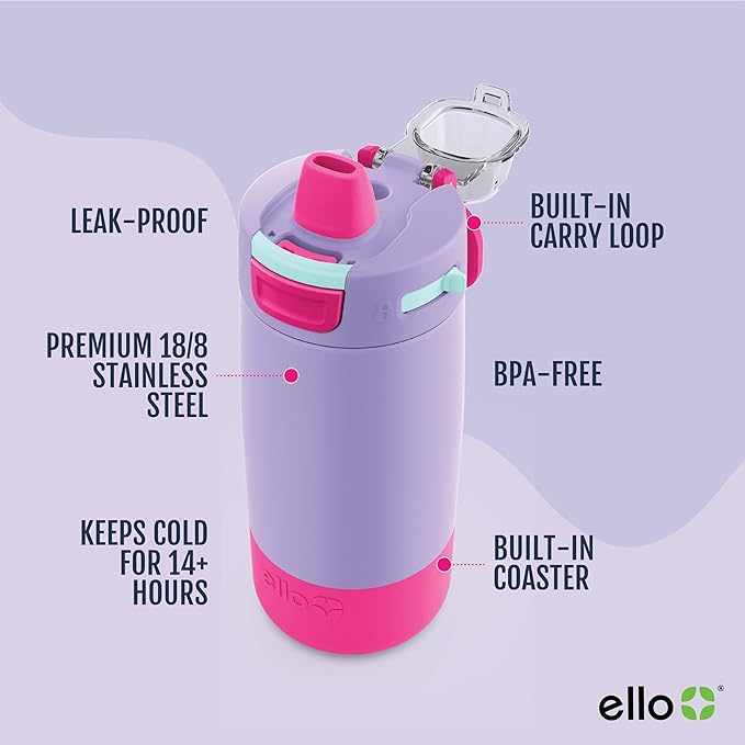 Ello Kids Colby 12oz Stainless Steel Insulated Water Bottle with Straw and Built-In Silicone Coaster Carrying Handle and Leak-Proof Locking Lid for School Backpack, Lunchbox, and Outdoor Sports