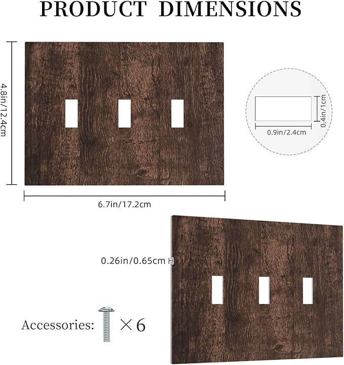 Brown Dark Wood Plank Rustic Vintage Print Decorative Switch Plates 3 Gang Wall Plate Triple Toggle Light Switch Cover Faceplate Electrical Wall Panels for Farmhouse Home Decor