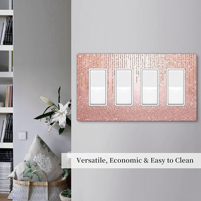 Pink Glittery Bling 4 Gang Quad Rocker/Decor Light Switch Cover Plate Decorative Electrical Faceplate for Bathroom Room Decorate Jumbo Size Screwless 8.3" x 4.6